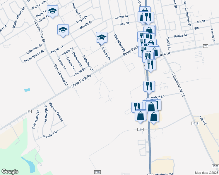 map of restaurants, bars, coffee shops, grocery stores, and more near 1514 South Medina Street in Lockhart