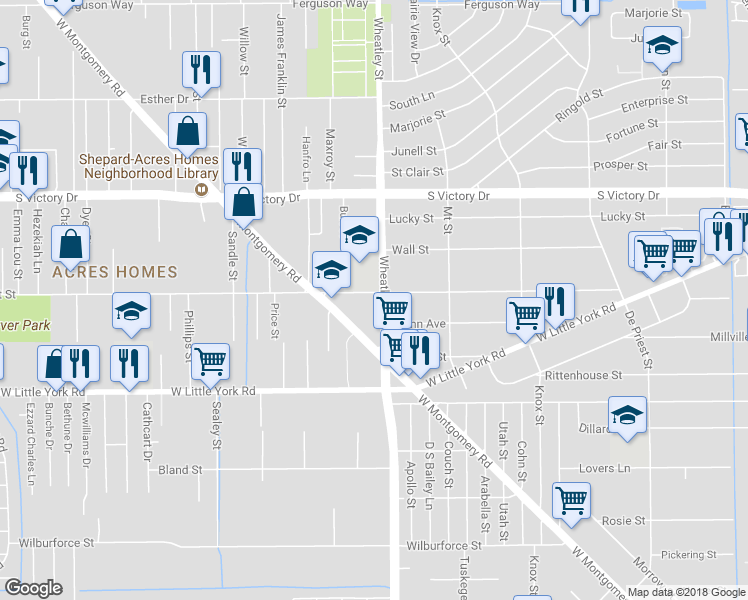 map of restaurants, bars, coffee shops, grocery stores, and more near 7411 Wheatley Street in Houston