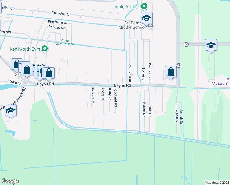 map of restaurants, bars, coffee shops, grocery stores, and more near 1900 Ricouard Road in Saint Bernard