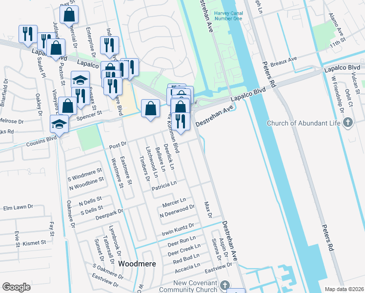 map of restaurants, bars, coffee shops, grocery stores, and more near 2241 Alex Kornman Boulevard in Harvey