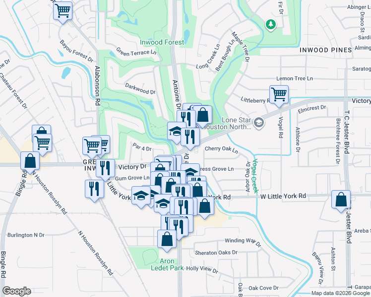 map of restaurants, bars, coffee shops, grocery stores, and more near Antoine Dr & Victory Dr in Houston