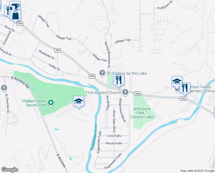 map of restaurants, bars, coffee shops, grocery stores, and more near 13304 Farm to Market Road 306 in Canyon Lake