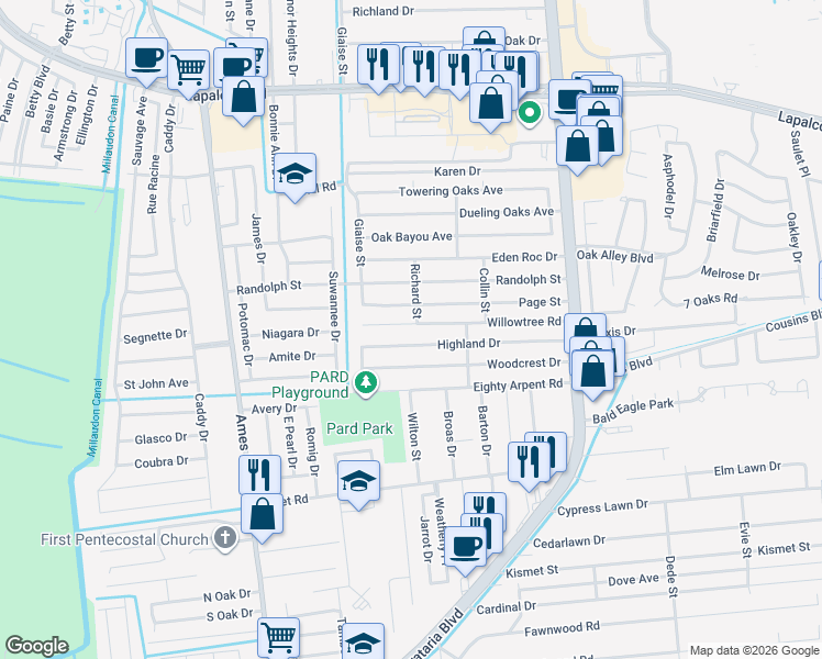 map of restaurants, bars, coffee shops, grocery stores, and more near 5133 Highland Drive in Marrero