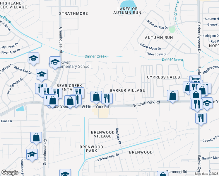 map of restaurants, bars, coffee shops, grocery stores, and more near 6410 Bayliss Valley Lane in Katy