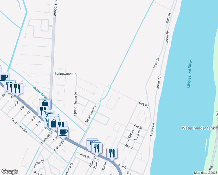 map of restaurants, bars, coffee shops, grocery stores, and more near 516 Oak Road in Belle Chasse