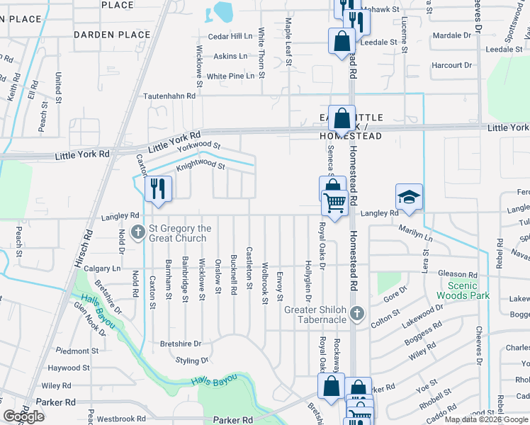 map of restaurants, bars, coffee shops, grocery stores, and more near 5906 Langley Road in Houston