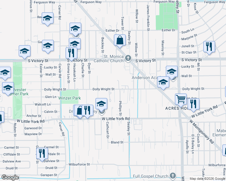 map of restaurants, bars, coffee shops, grocery stores, and more near 7333 Parkes Street in Houston