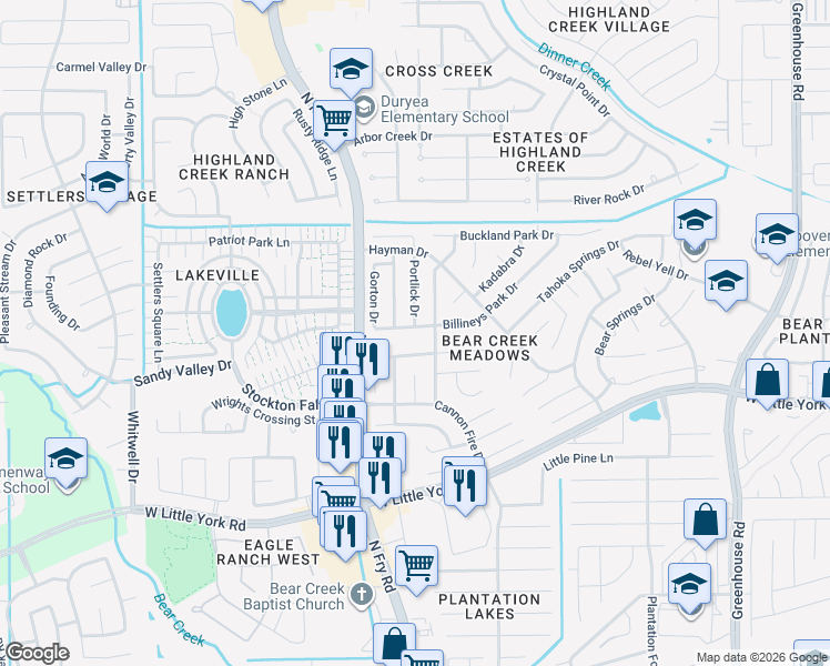 map of restaurants, bars, coffee shops, grocery stores, and more near 19706 Brisbane Meadows Court in Katy