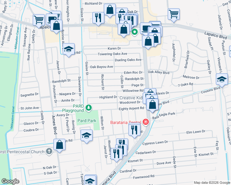 map of restaurants, bars, coffee shops, grocery stores, and more near 5105 Highland Drive in Marrero