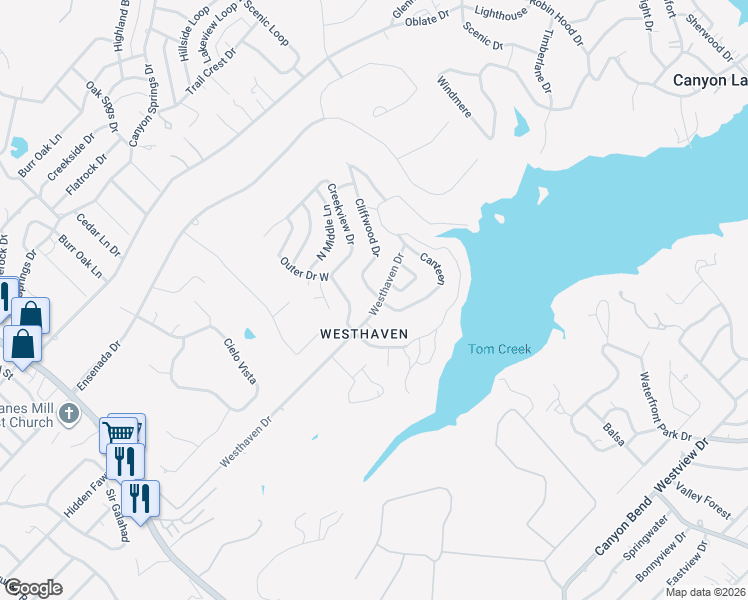 map of restaurants, bars, coffee shops, grocery stores, and more near 101 Cliffwood in Canyon Lake