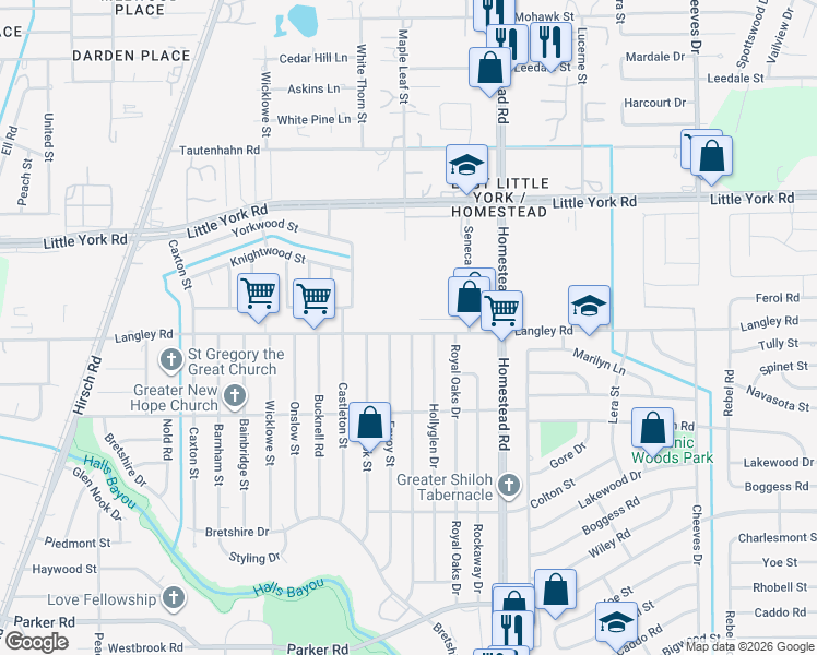 map of restaurants, bars, coffee shops, grocery stores, and more near 10550 Bretton Drive in Houston