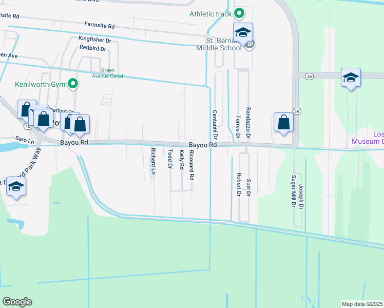 map of restaurants, bars, coffee shops, grocery stores, and more near 1900 Ricouard Road in Saint Bernard