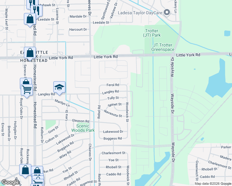 map of restaurants, bars, coffee shops, grocery stores, and more near 7710 Tully Street in Houston