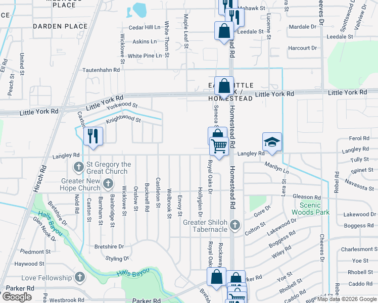 map of restaurants, bars, coffee shops, grocery stores, and more near 10550 Bretton Drive in Houston