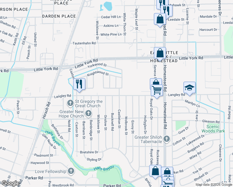 map of restaurants, bars, coffee shops, grocery stores, and more near 10549 Castleton Street in Houston