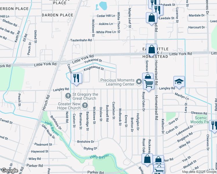 map of restaurants, bars, coffee shops, grocery stores, and more near 10549 Castleton Street in Houston