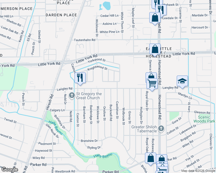 map of restaurants, bars, coffee shops, grocery stores, and more near 10550 Onslow Street in Houston