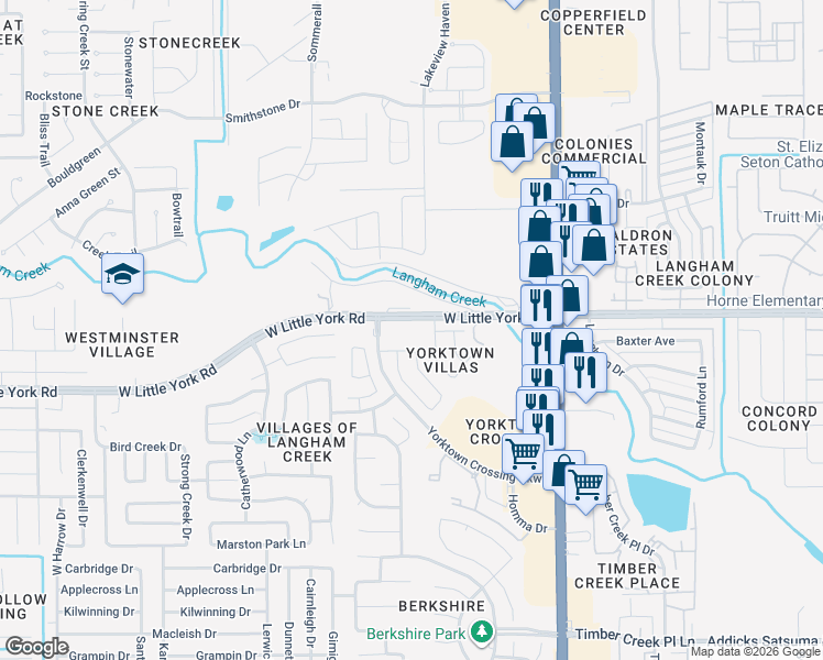 map of restaurants, bars, coffee shops, grocery stores, and more near 6138 Yorkglen Manor Lane in Houston