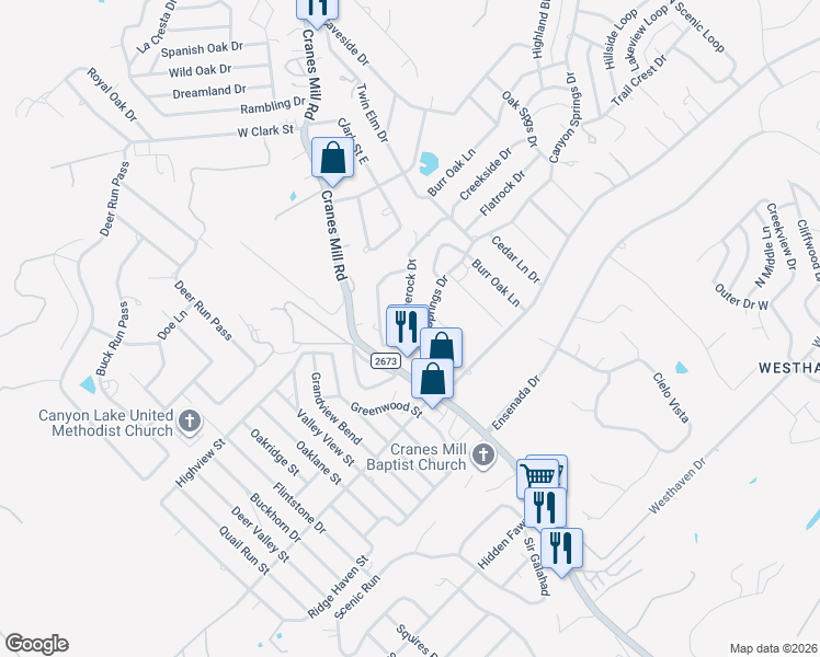 map of restaurants, bars, coffee shops, grocery stores, and more near 237 Lake Park Loop in Canyon Lake