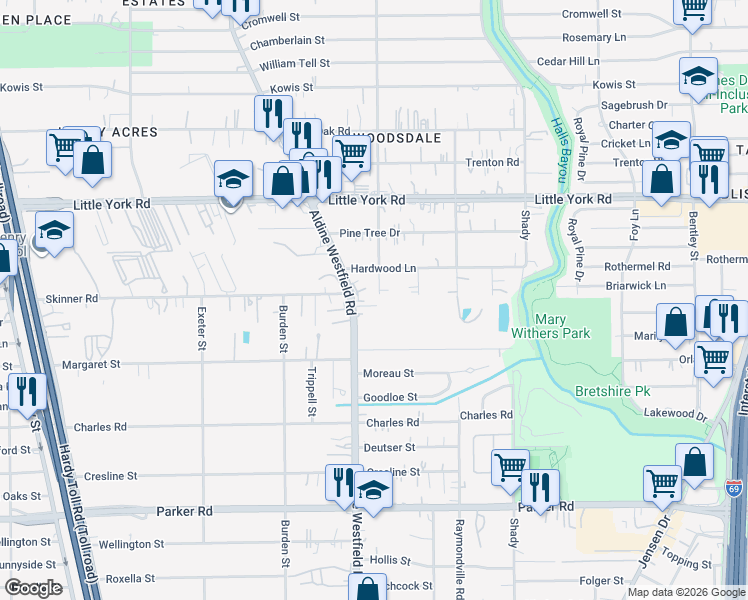 map of restaurants, bars, coffee shops, grocery stores, and more near 2314 Langley Road in Houston