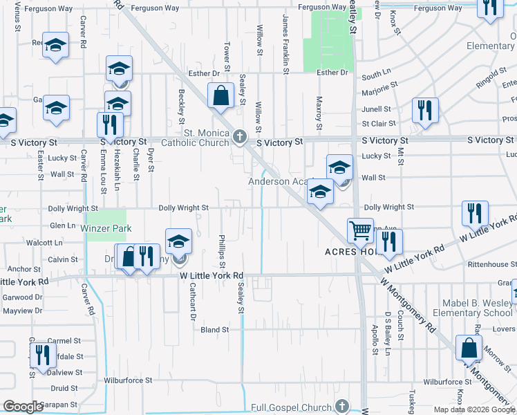 map of restaurants, bars, coffee shops, grocery stores, and more near 7344 Sandle Street in Houston