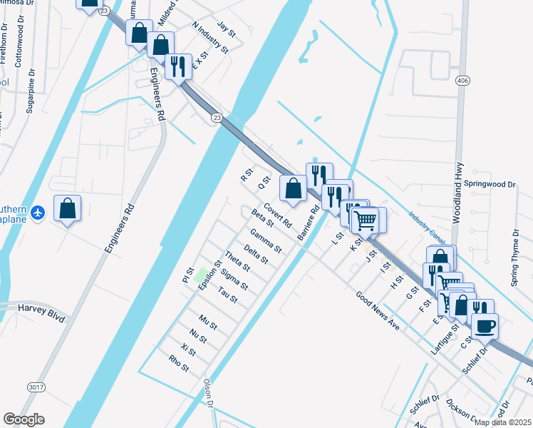 map of restaurants, bars, coffee shops, grocery stores, and more near 121 Gamma Street in Belle Chasse
