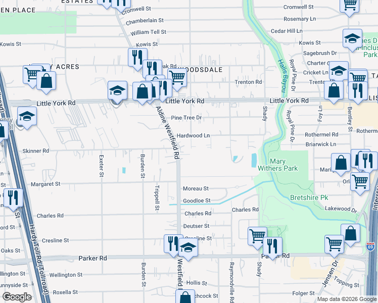 map of restaurants, bars, coffee shops, grocery stores, and more near 2314 Langley Road in Houston