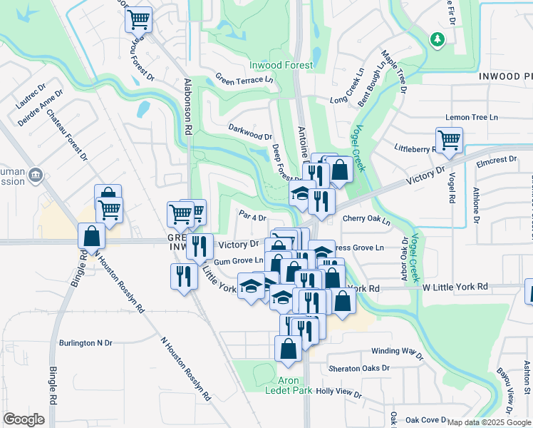 map of restaurants, bars, coffee shops, grocery stores, and more near 7218 Fairway Court in Houston