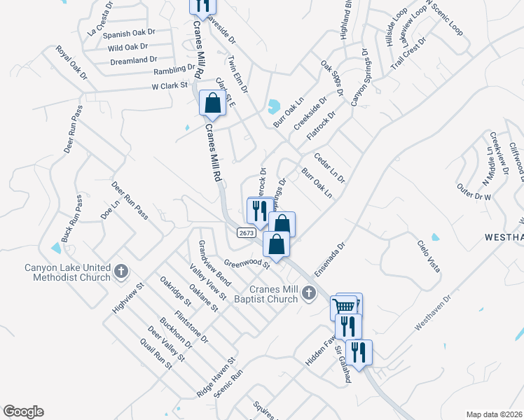 map of restaurants, bars, coffee shops, grocery stores, and more near 237 Lake Park Loop in Canyon Lake