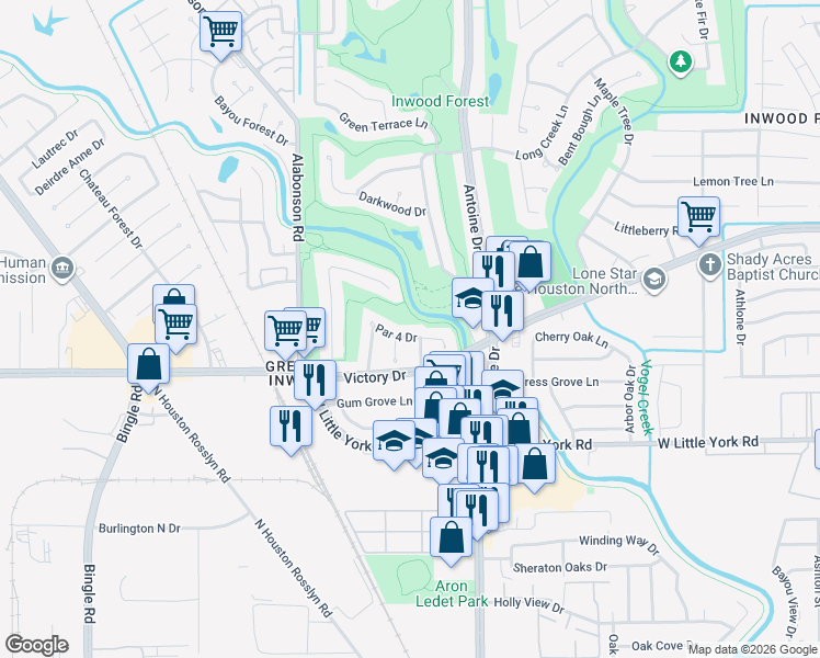 map of restaurants, bars, coffee shops, grocery stores, and more near 7218 Fairway Court in Houston