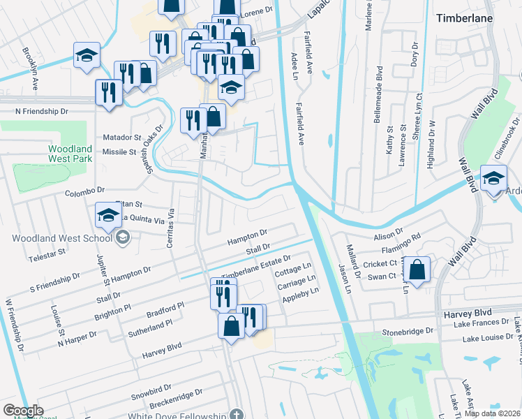 map of restaurants, bars, coffee shops, grocery stores, and more near 1452 Quebrada Del Sur in Harvey