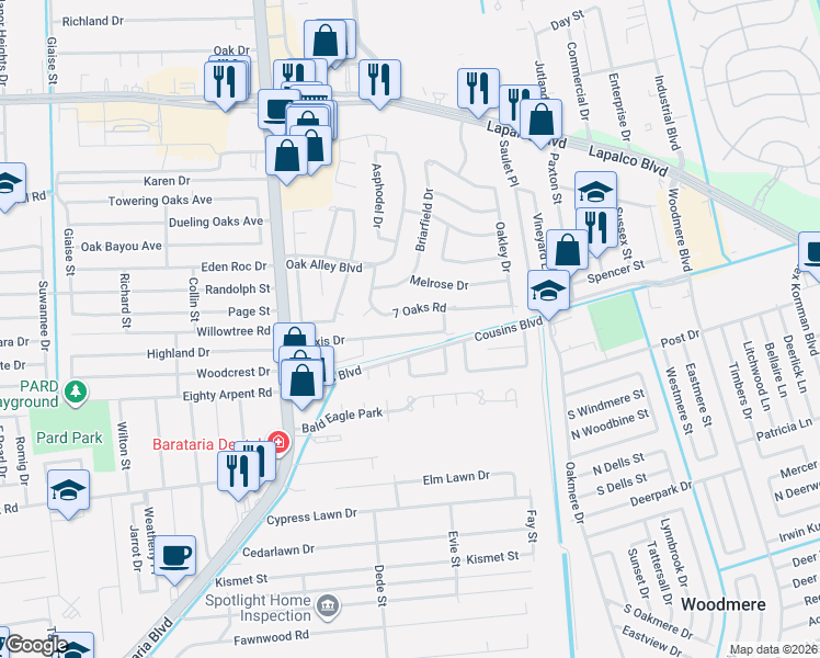 map of restaurants, bars, coffee shops, grocery stores, and more near 23 7 Oaks Road in Marrero