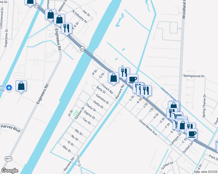 map of restaurants, bars, coffee shops, grocery stores, and more near 109 P Street in Belle Chasse