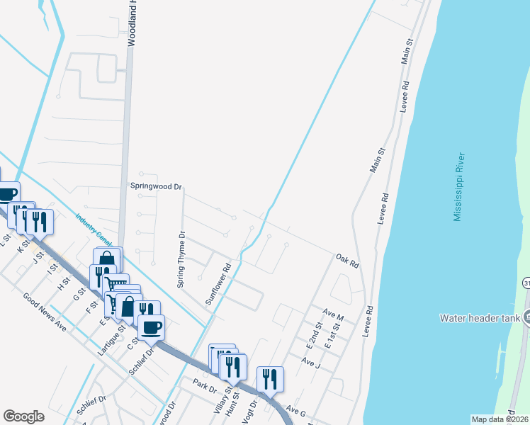 map of restaurants, bars, coffee shops, grocery stores, and more near 516 Oak Road in Belle Chasse