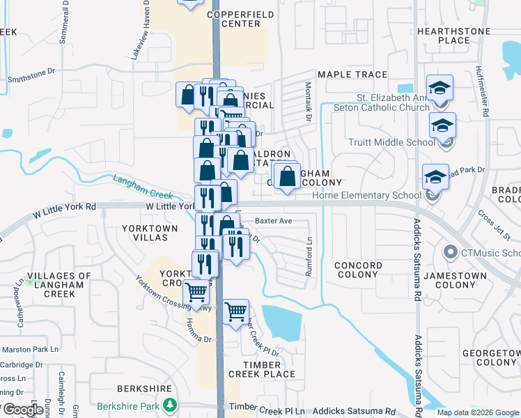 map of restaurants, bars, coffee shops, grocery stores, and more near 6417 York Meadows Drive in Houston