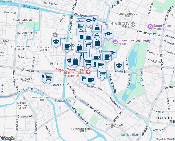 map of restaurants, bars, coffee shops, grocery stores, and more near Liu Ting Jie in Ning Bo Shi