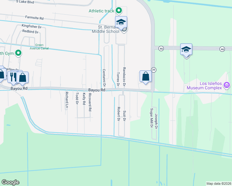 map of restaurants, bars, coffee shops, grocery stores, and more near 727 Bayou Road in Saint Bernard