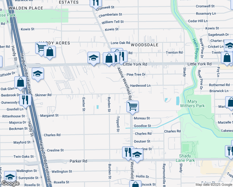 map of restaurants, bars, coffee shops, grocery stores, and more near 2105 Skinner Road in Houston