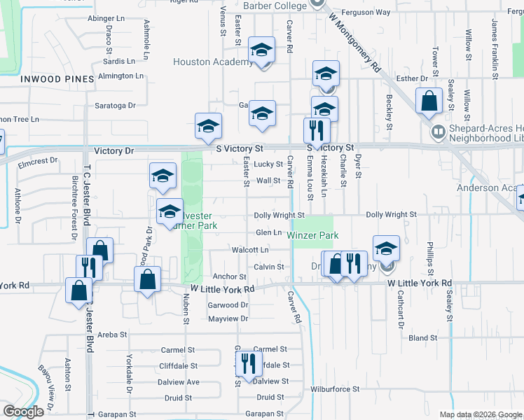 map of restaurants, bars, coffee shops, grocery stores, and more near 2429 Morehouse Lane in Houston
