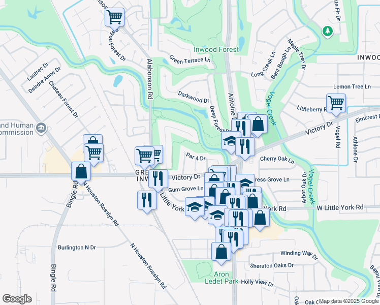 map of restaurants, bars, coffee shops, grocery stores, and more near 7458 Tall Pines Drive in Houston