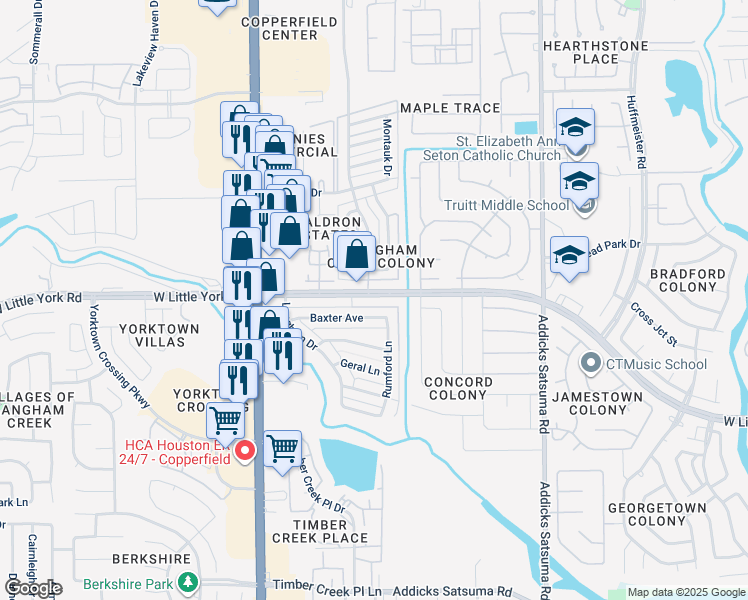 map of restaurants, bars, coffee shops, grocery stores, and more near 15344 West Little York Road in Houston