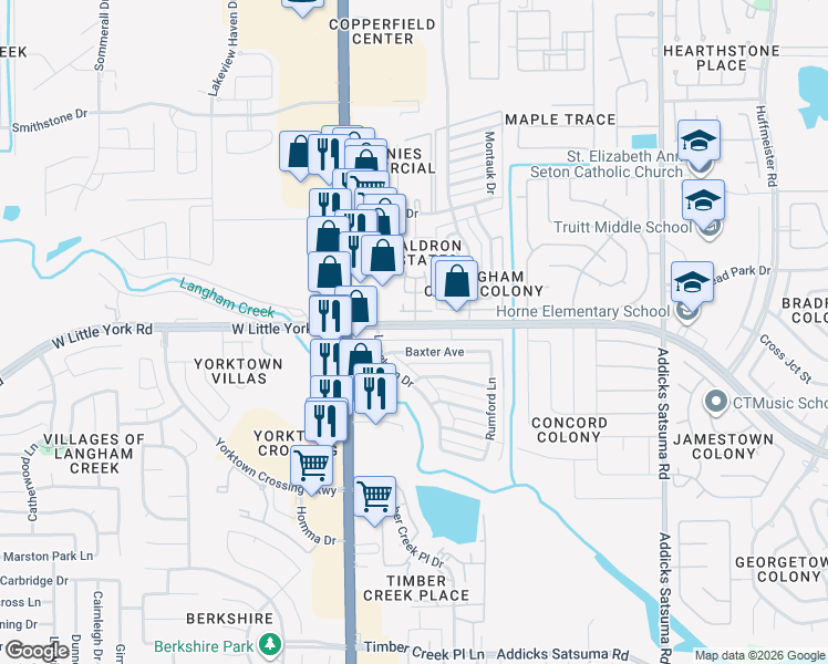 map of restaurants, bars, coffee shops, grocery stores, and more near 6417 York Meadows Drive in Houston