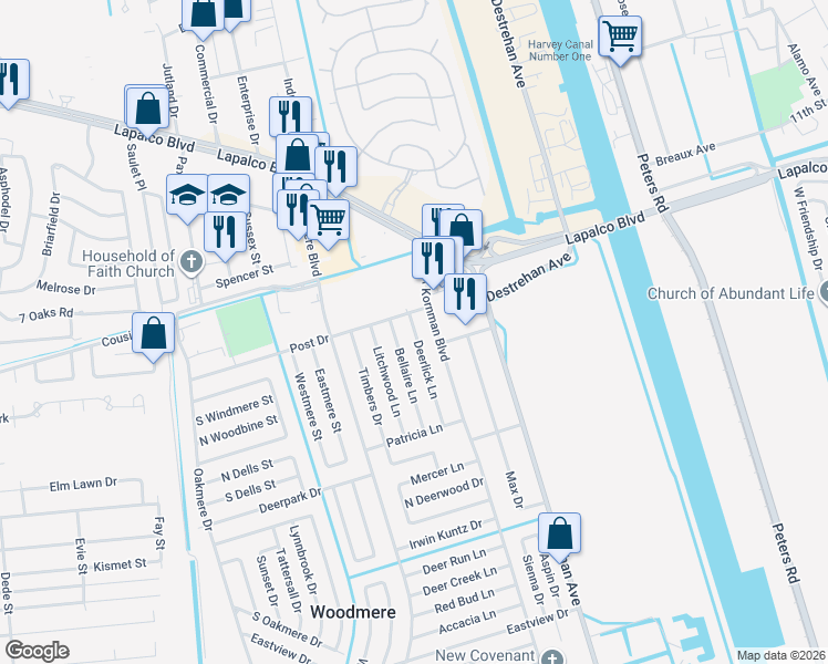 map of restaurants, bars, coffee shops, grocery stores, and more near 2232 Deerlick Lane in Harvey