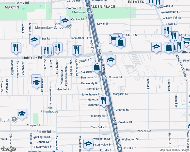map of restaurants, bars, coffee shops, grocery stores, and more near 917 Benbrook Drive in Houston