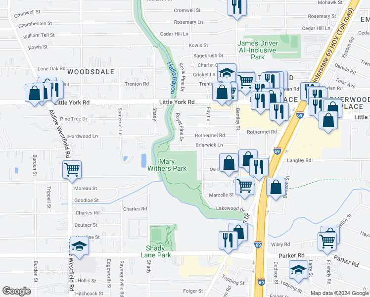 map of restaurants, bars, coffee shops, grocery stores, and more near 2920 Briarwick Ln in Houston