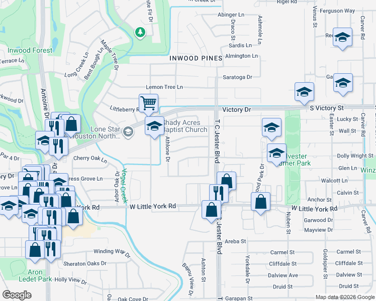 map of restaurants, bars, coffee shops, grocery stores, and more near 3818 Trappers Forest Drive in Houston