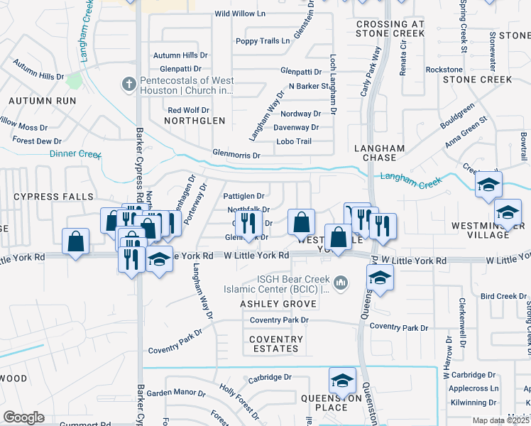 map of restaurants, bars, coffee shops, grocery stores, and more near 17530 Northfalk Drive in Houston