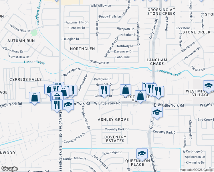 map of restaurants, bars, coffee shops, grocery stores, and more near 17530 Northfalk Drive in Houston