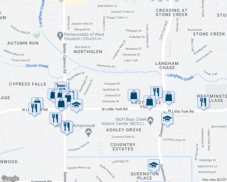 map of restaurants, bars, coffee shops, grocery stores, and more near 17530 Northfalk Drive in Houston