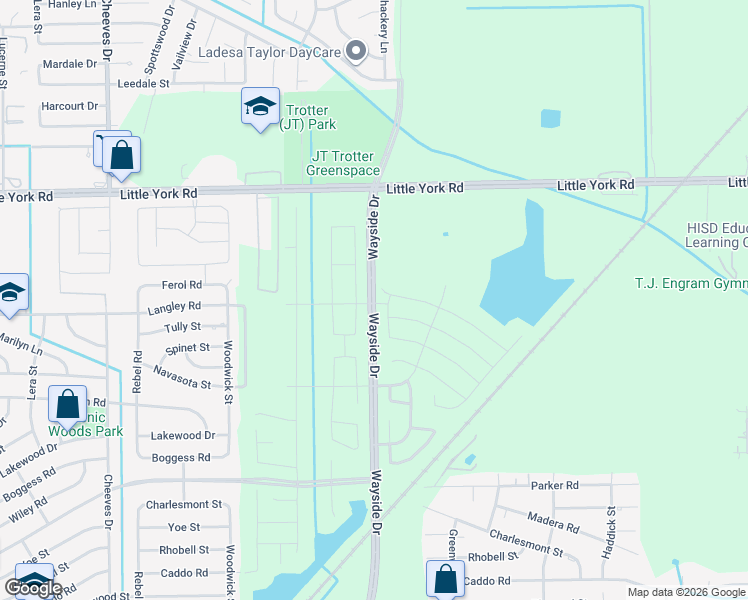map of restaurants, bars, coffee shops, grocery stores, and more near North Wayside Drive in Houston